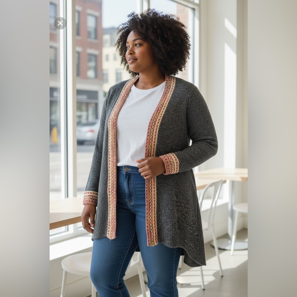 Simply Couture Women Small Gray Multi Long Cardigan Tribal Boho Hippie Peasant